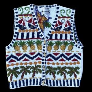 KNITTING NEEDLES Hawaii Vest Women’s Size M White Cotton Blend Hand Knit